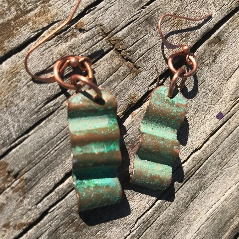 Solid Copper Patina Green Verdigris Earrings Drop Dangle Form Folded Brutalist